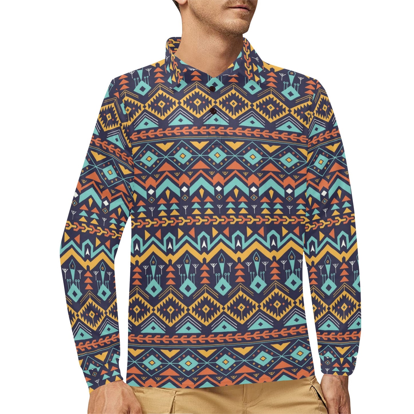 Aztec Style Print Pattern Long Sleeve Polo Shirt For Men's