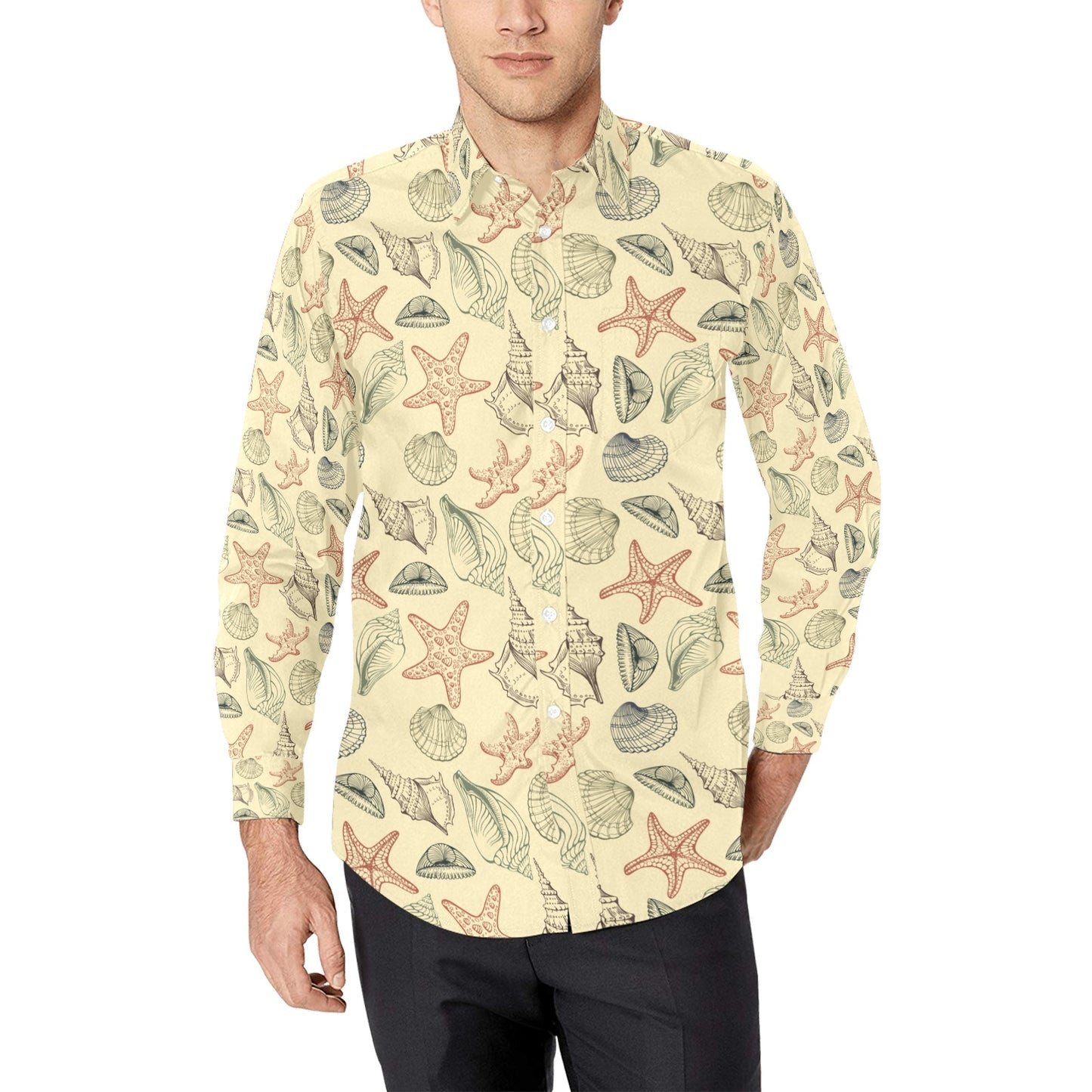 Seashell Print Design LKS305 Men's Long Sleeve Dress Shirt