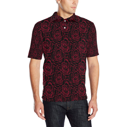Red Rose Design Print Men Polo Shirt