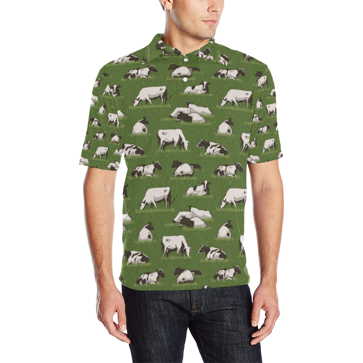 Cow on Grass Print Pattern Men Polo Shirt