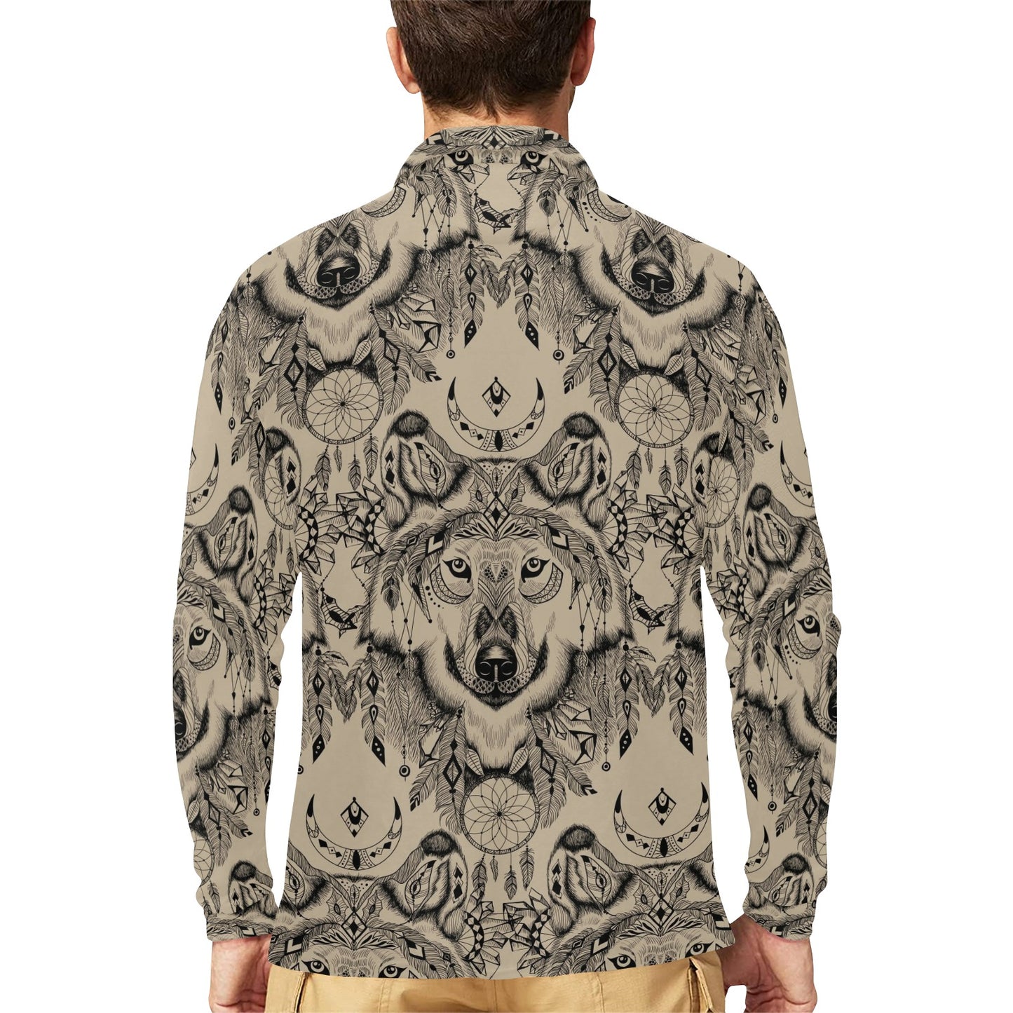 Indian Boho Wolf Long Sleeve Polo Shirt For Men's