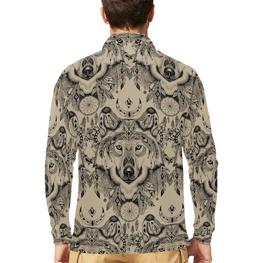 Indian Boho Wolf Long Sleeve Polo Shirt For Men's