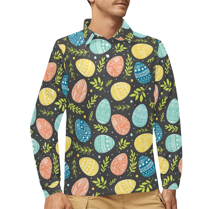 Easter Eggs Pattern Print Design RB01 Long Sleeve Polo Shirt For Men's