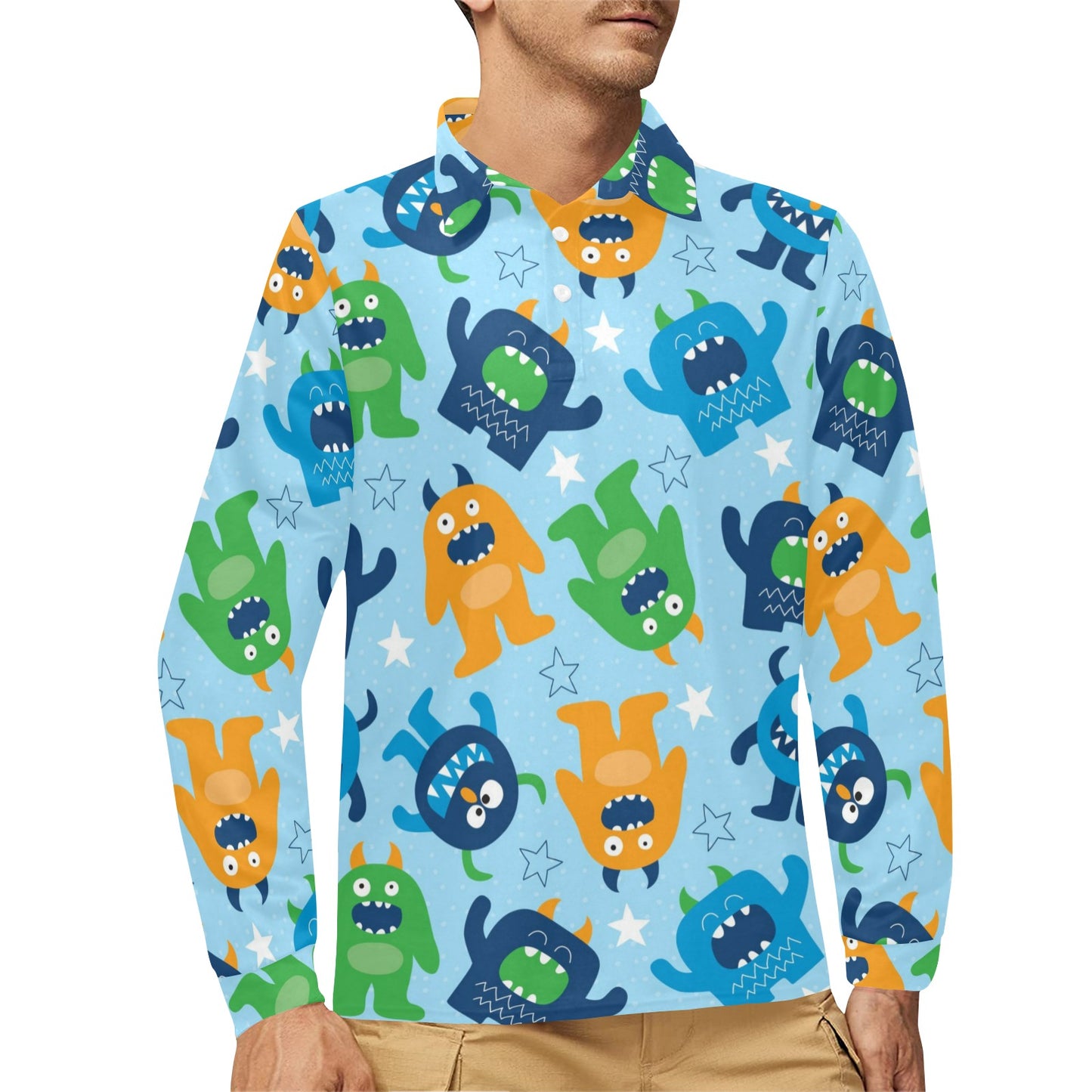 Monster Cartoon Pattern Print Design 04 Long Sleeve Polo Shirt For Men's