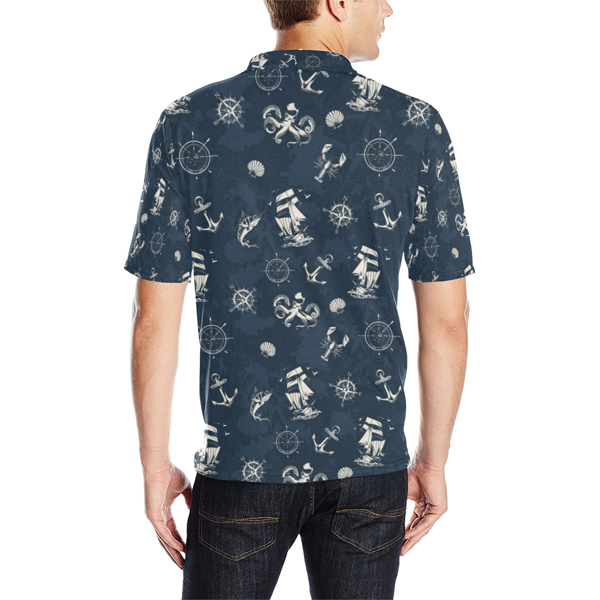 Nautical Sea Themed Print Men Polo Shirt