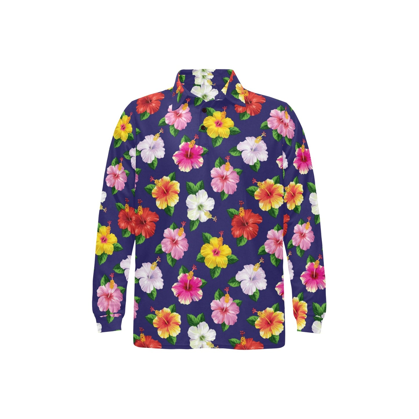 Hibiscus Colorful Print Design LKS301 Long Sleeve Polo Shirt For Men's