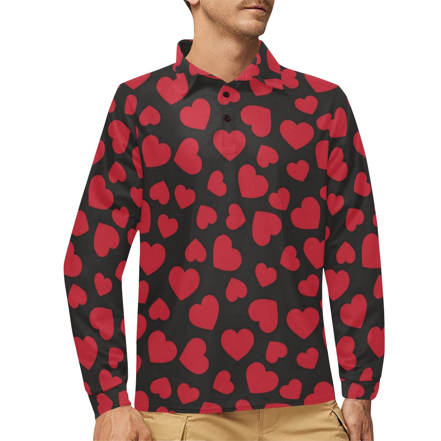 Heart Red Pattern Print Design HE01 Long Sleeve Polo Shirt For Men's