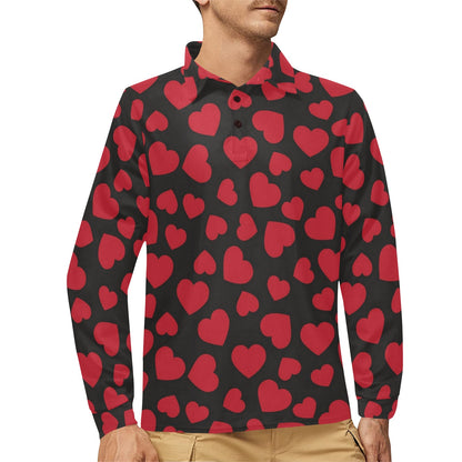 Heart Red Pattern Print Design HE01 Long Sleeve Polo Shirt For Men's