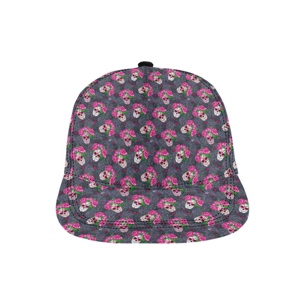 Sugar Skull Pink Rose Themed Print Snapback Cap