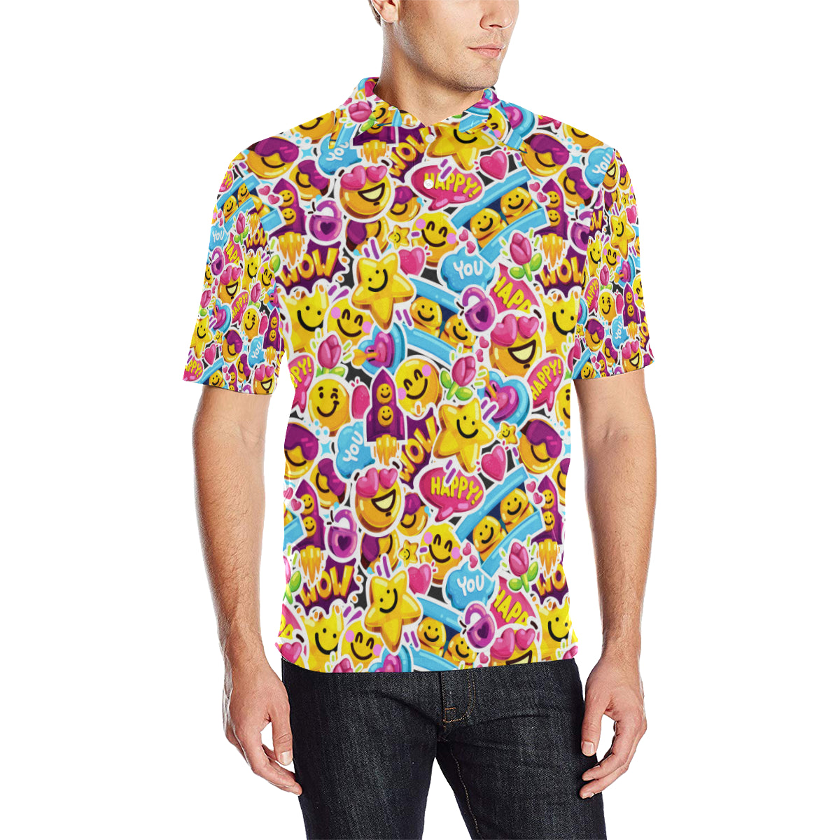 Emoji Sticker Print Pattern Men Polo Shirt