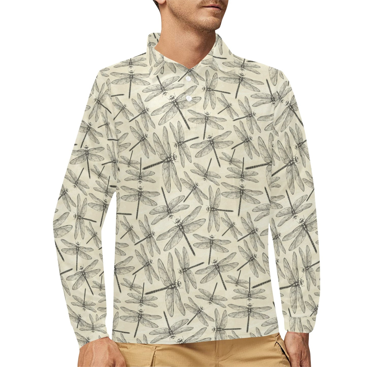 Dragonfly Print Design LKS402 Long Sleeve Polo Shirt For Men's