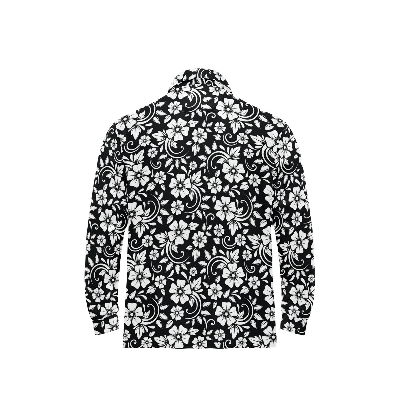 Floral Black White Themed Print Long Sleeve Polo Shirt For Men's