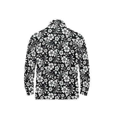 Floral Black White Themed Print Long Sleeve Polo Shirt For Men's