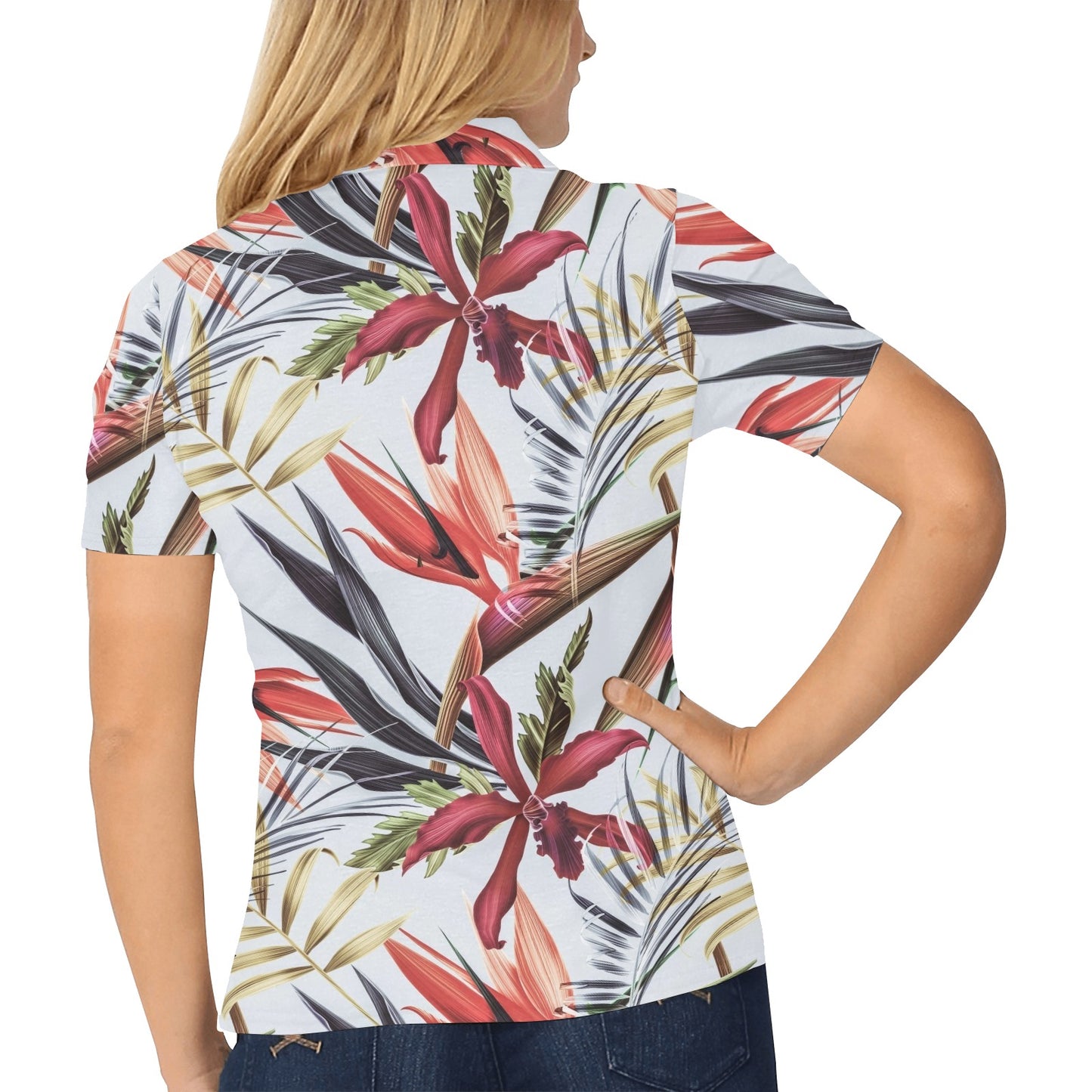 Tropical Flower Pattern Print Design TF021 Women's Polo Shirt