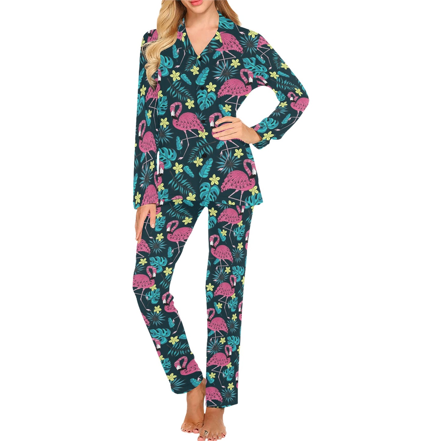 Flamingo Print Pattern Women's Long Pajama Set