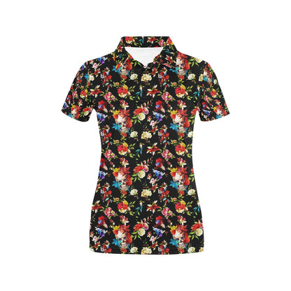 Skull Roses Flower Design Themed Print Women's Polo Shirt