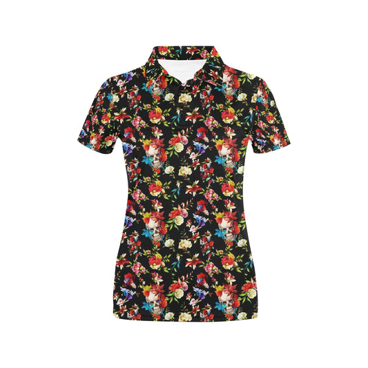 Skull Roses Flower Design Themed Print Women's Polo Shirt