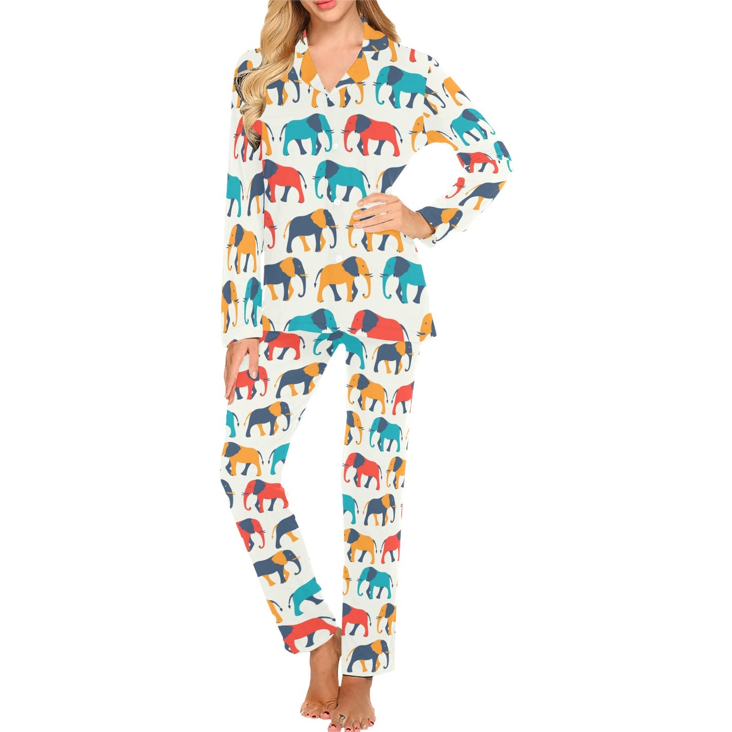 Elephant Colorful Print Pattern Women's Long Pajama Set