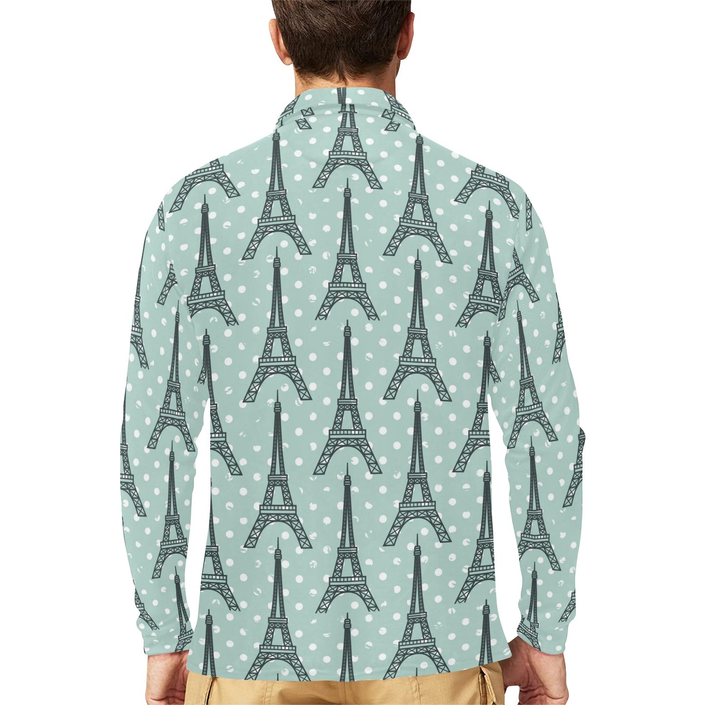 Eiffel Tower Polka Dot Print Long Sleeve Polo Shirt For Men's
