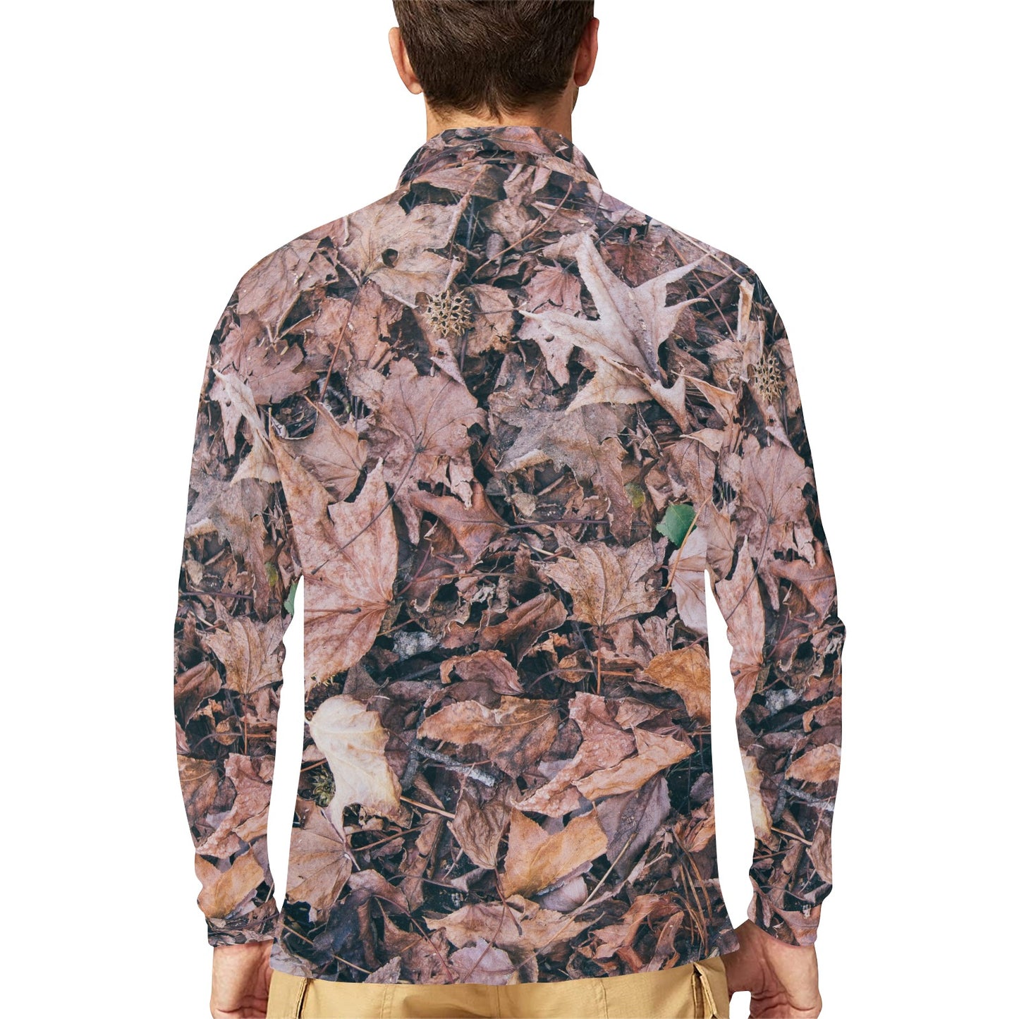 Camouflage Realistic Tree Leaf Print Long Sleeve Polo Shirt For Men's