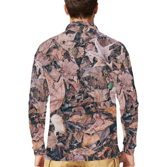 Camouflage Realistic Tree Leaf Print Long Sleeve Polo Shirt For Men's