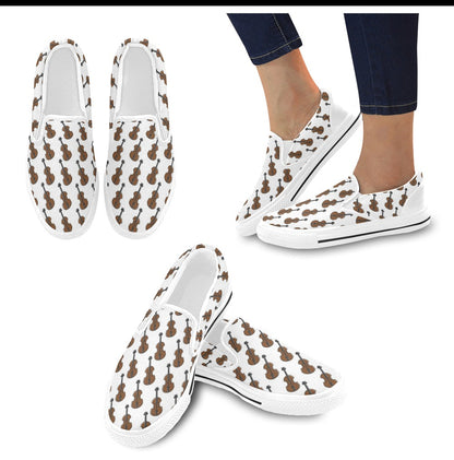 Violin Print Design LKS405 White Slip Ons Canvas Women's Shoes
