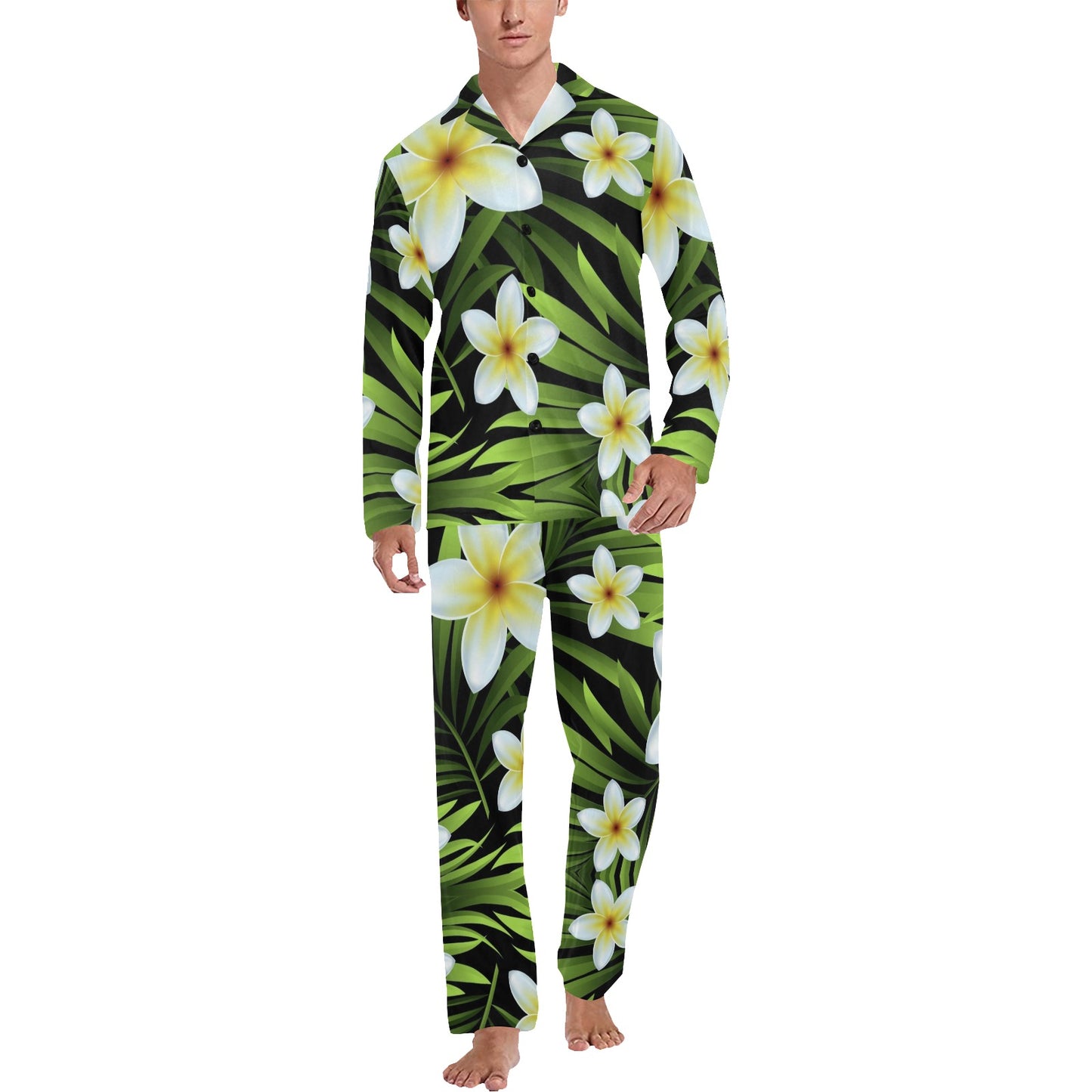 White Plumeria Pattern Print Design PM06 Men's Long Pajama Set