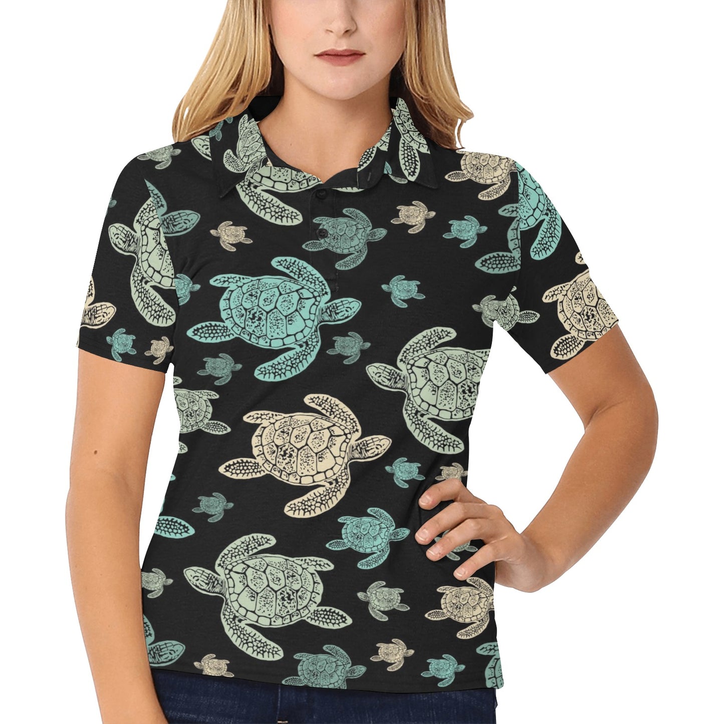 Sea Turtle Stamp Pattern Women's Polo Shirt