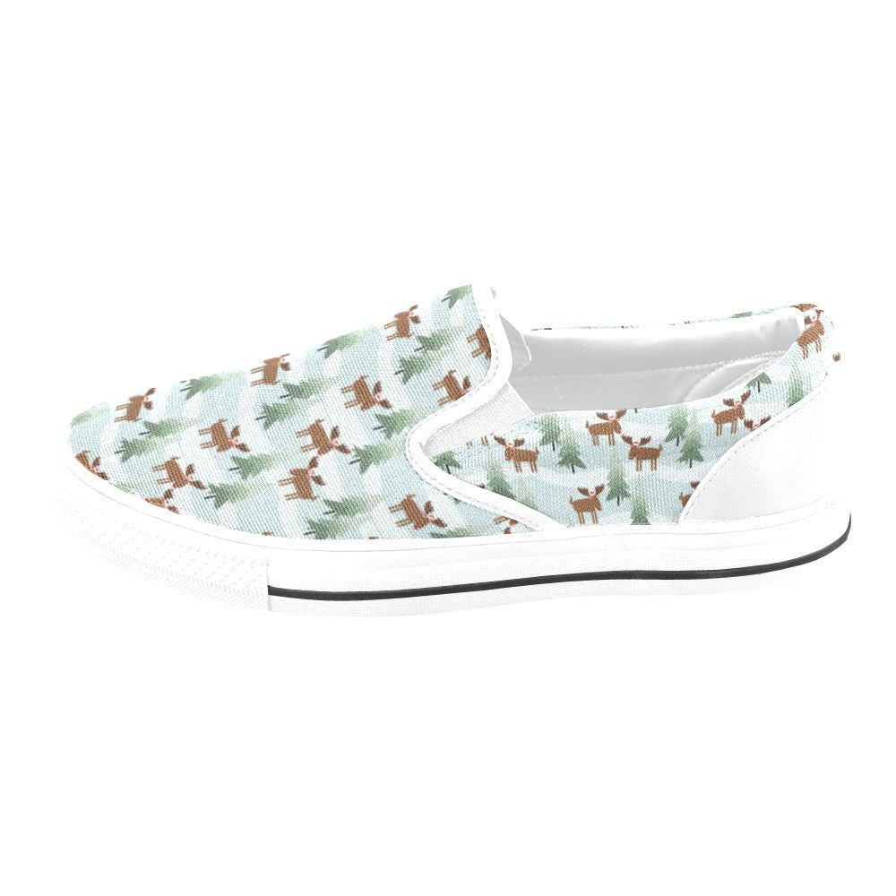 Moose Print Design LKS402 White Slip Ons Canvas Women's Shoes
