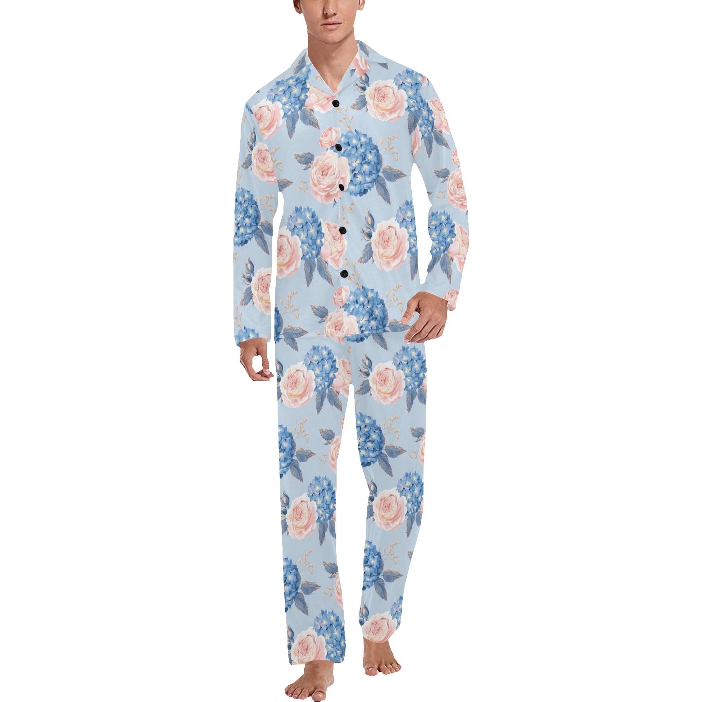 Hydrangea Pattern Print Design HD06 Men's Long Pajama Set