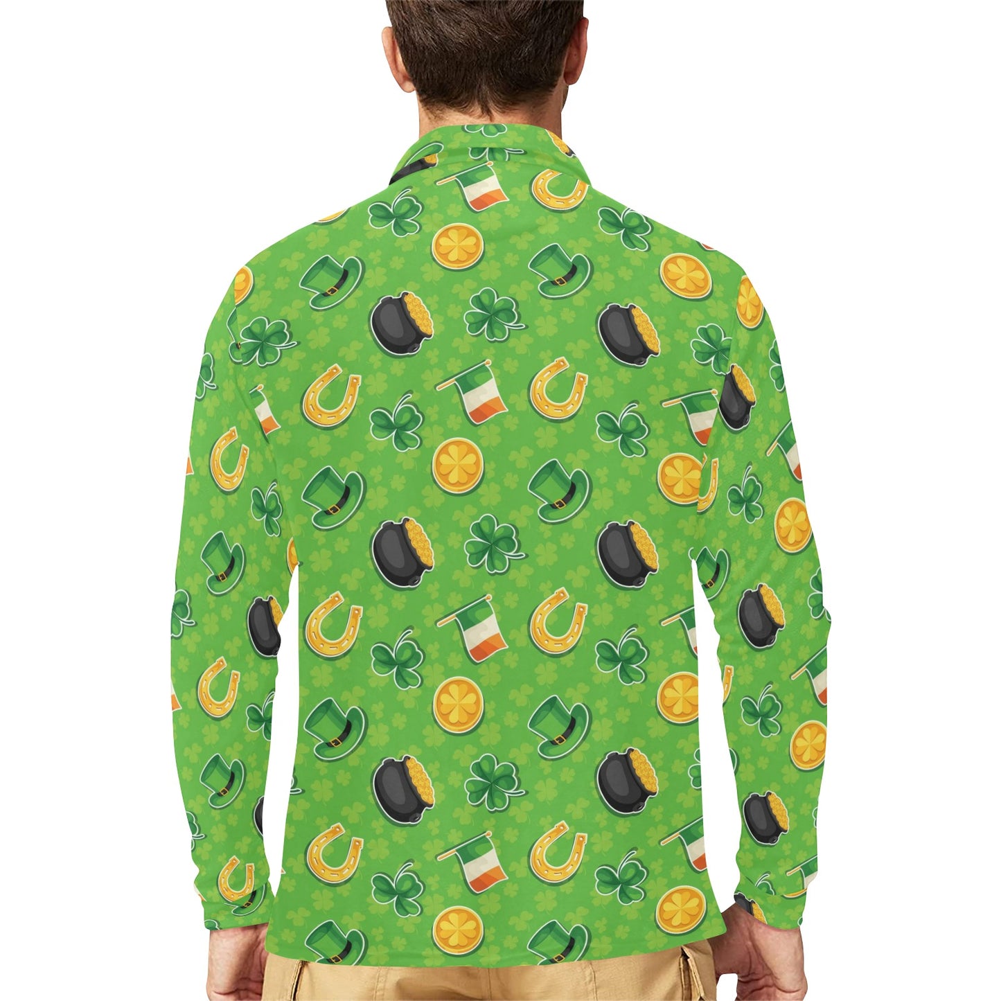 Shamrock Saint Patrick's Day Print Design LKS302 Long Sleeve Polo Shirt For Men's