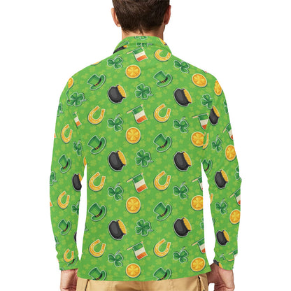 Shamrock Saint Patrick's Day Print Design LKS302 Long Sleeve Polo Shirt For Men's