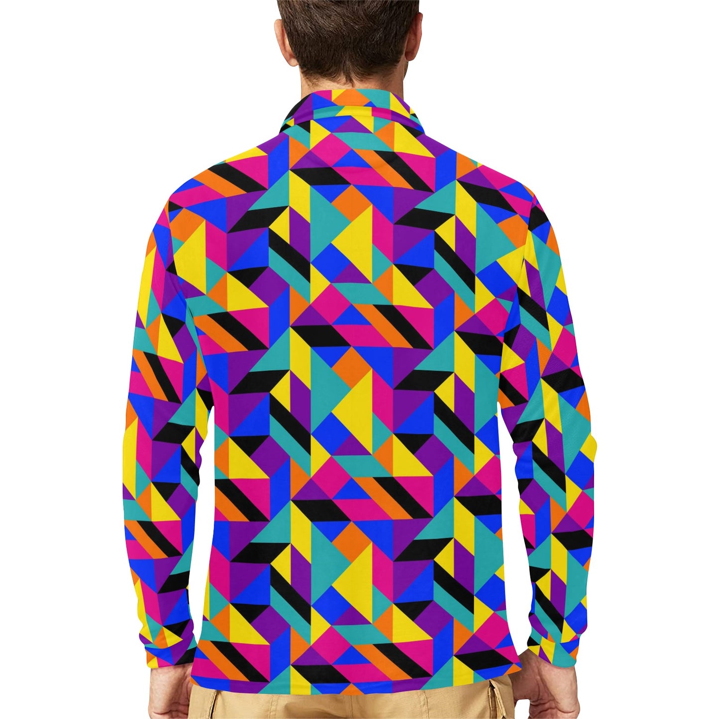 90s Colorful Pattern Print Design 1 Long Sleeve Polo Shirt For Men's