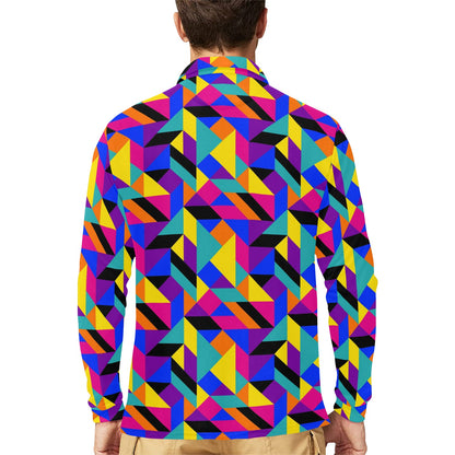 90s Colorful Pattern Print Design 1 Long Sleeve Polo Shirt For Men's