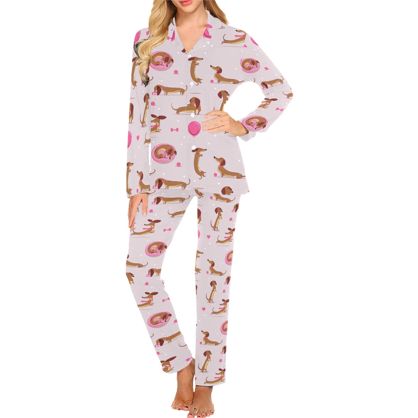 Dachshund Pattern Print Design 10 Women's Long Pajama Set
