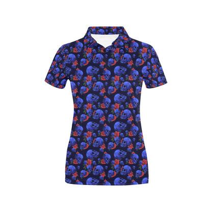 Skull Roses Neon Design Themed Print Women's Polo Shirt