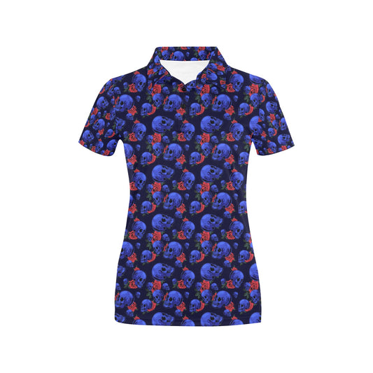 Skull Roses Neon Design Themed Print Women's Polo Shirt