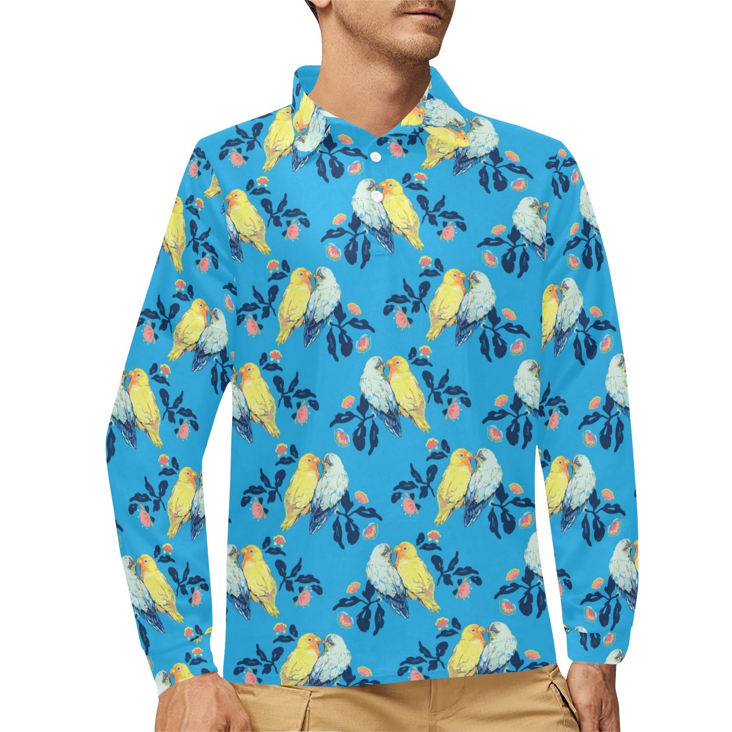 Lovebird Pattern Print Design 03 Long Sleeve Polo Shirt For Men's