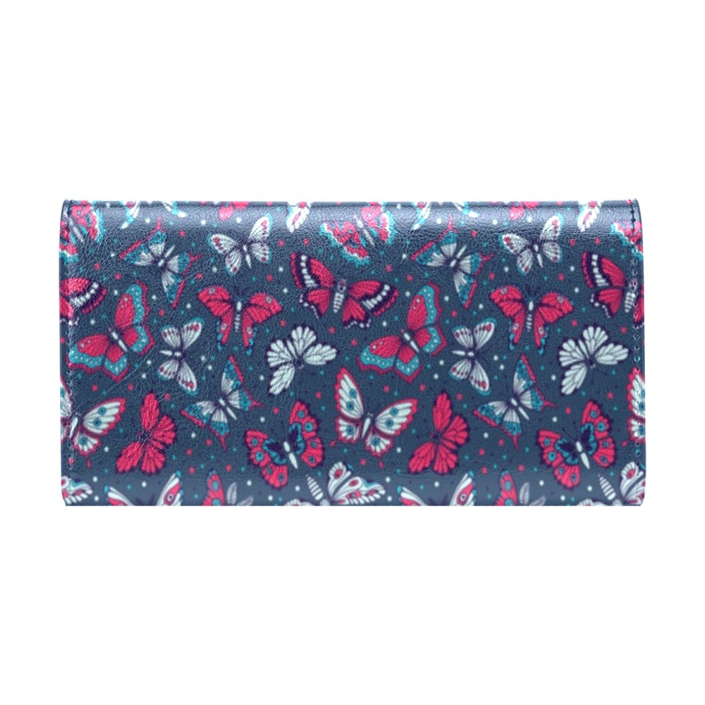 Butterfly Red Deep Blue Print Pattern Women's Trifold Wallet