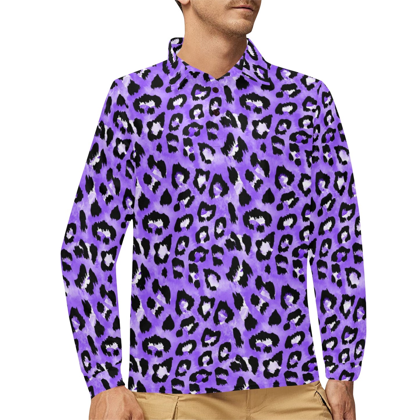 Leopard Purple Skin Print Long Sleeve Polo Shirt For Men's
