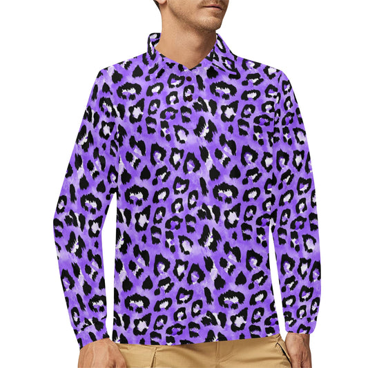 Leopard Purple Skin Print Long Sleeve Polo Shirt For Men's