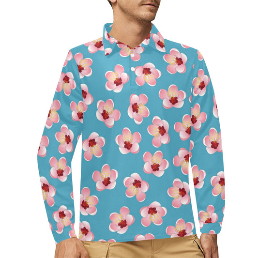 Cherry Blossom Pattern Print Design CB09 Long Sleeve Polo Shirt For Men's