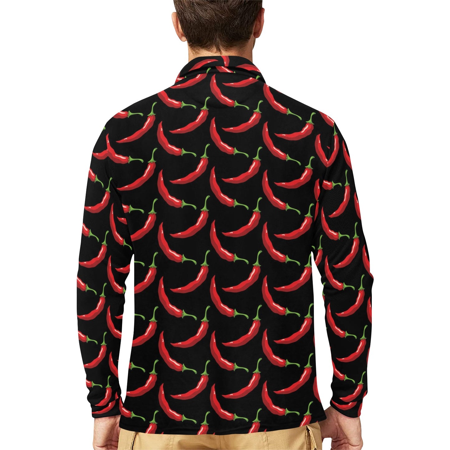 Chilli Pepper Pattern Print Design 01 Long Sleeve Polo Shirt For Men's