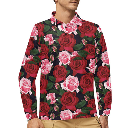 Rose Red Pink Pattern Print Design RO01 Long Sleeve Polo Shirt For Men's