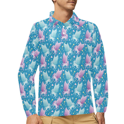 Pegasus Pattern Print Design 04 Long Sleeve Polo Shirt For Men's