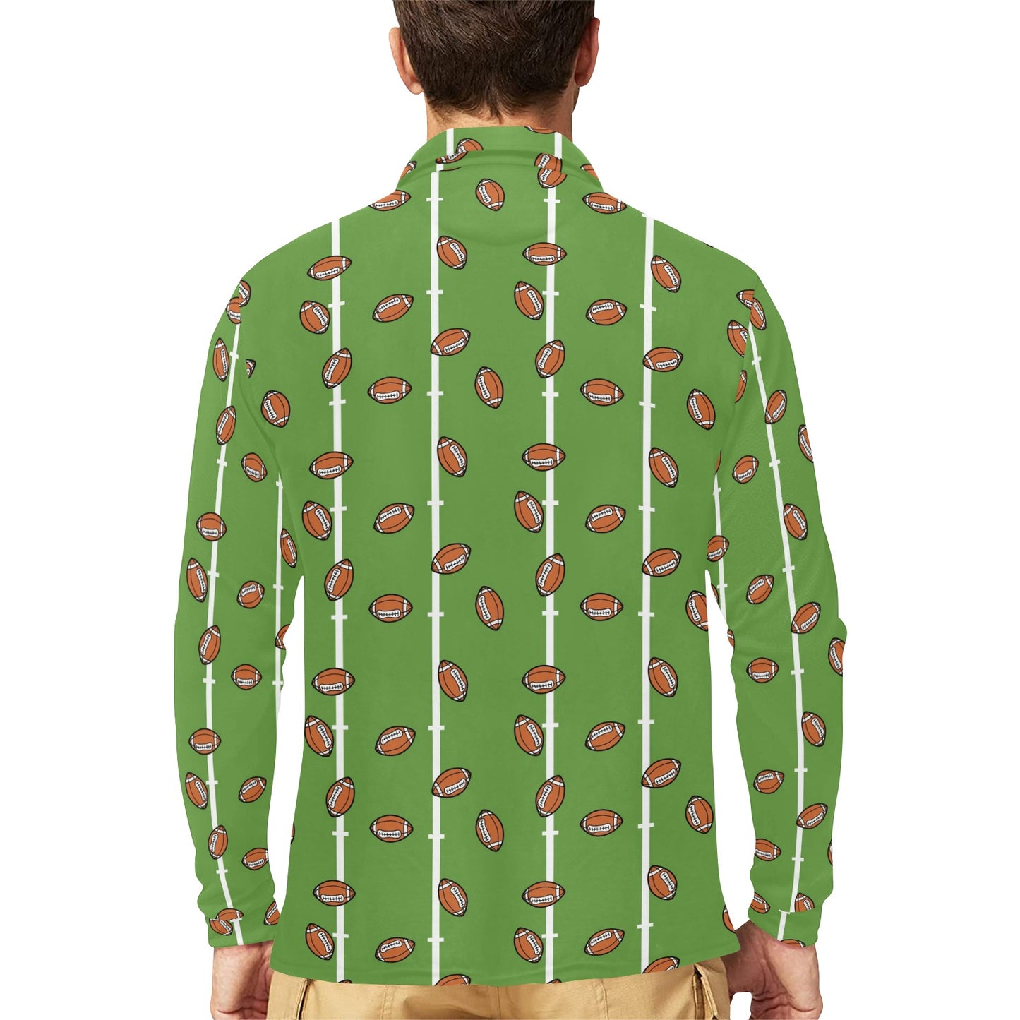 American Football on Field Themed Print Long Sleeve Polo Shirt For Men's