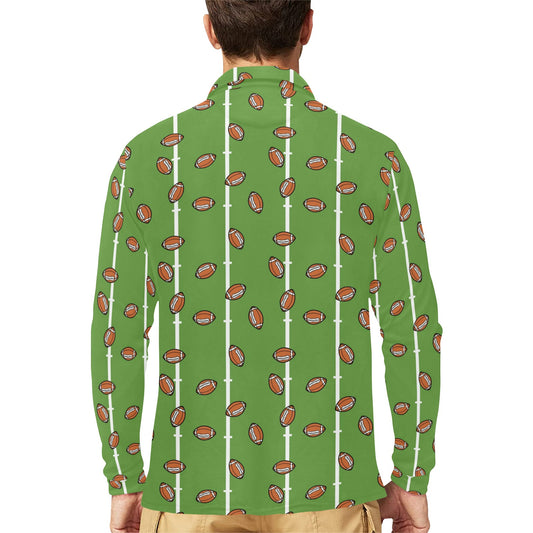 American Football on Field Themed Print Long Sleeve Polo Shirt For Men's