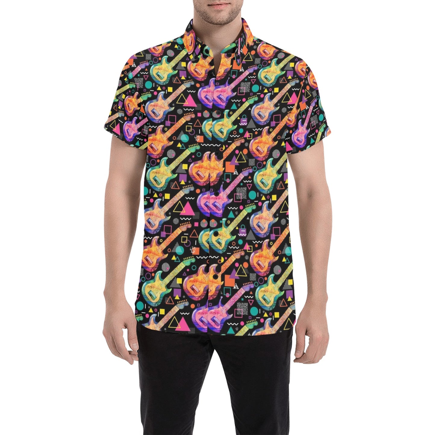 Electric Guitar Print Design LKS403 Men Short Sleeve Button Up Shirt