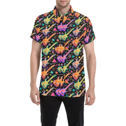 Electric Guitar Print Design LKS403 Men Short Sleeve Button Up Shirt