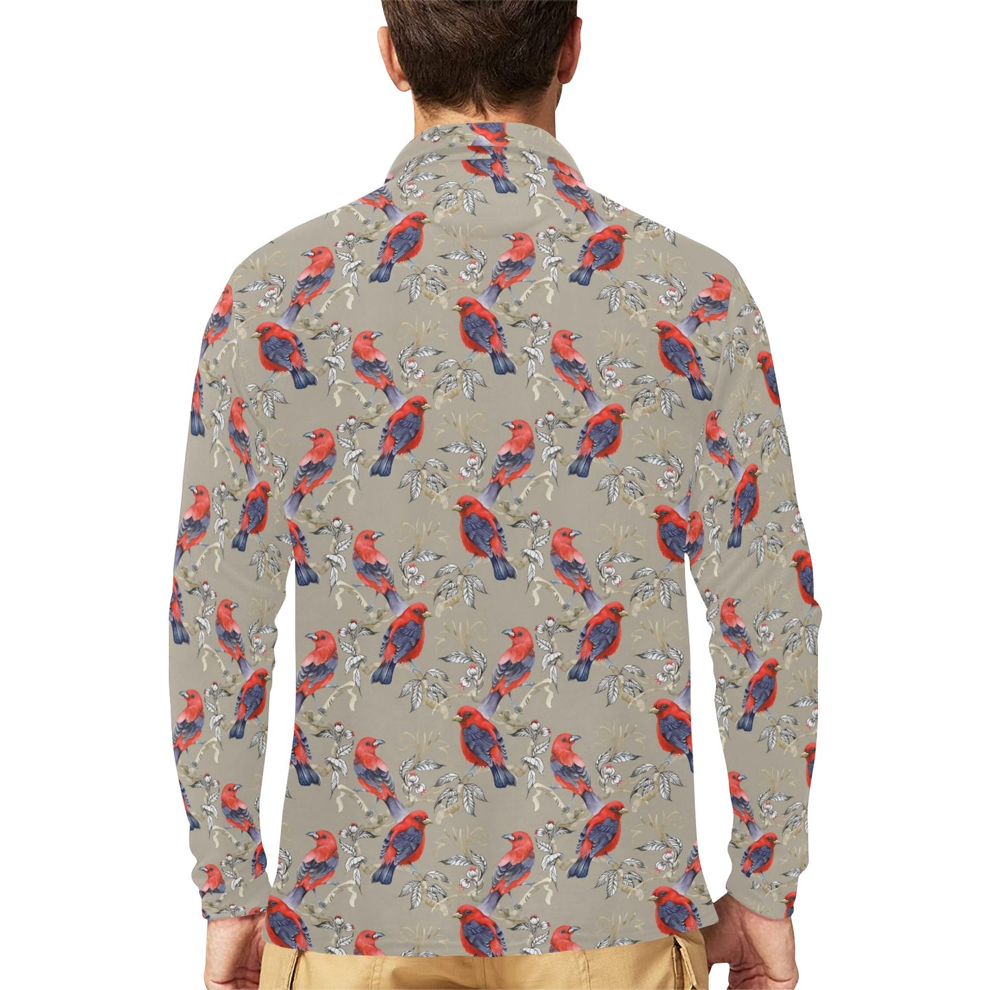 Birds Pattern Print Design 05 Long Sleeve Polo Shirt For Men's